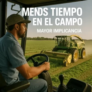Operario en campo de alfalfa al atardecer mira un medidor mientras se ven megafardos con textura real.